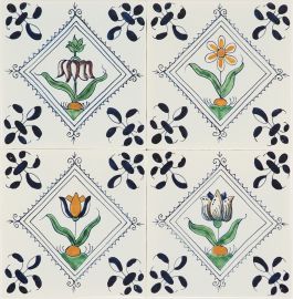 Hand-painted Delft tiles with diamond flowers in polychrome- Poarte P-25 series / 4 tiles