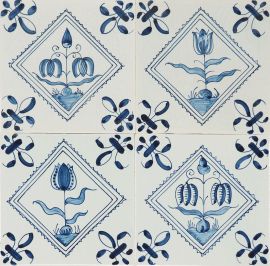 Hand-painted Delft tiles with Tulips and Fritillaria in blue