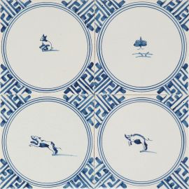 Hand-painted Delft tiles with Animals in corner frame, decorated with Wanli corner motifs and enhanced with pinholes and a crackled finish