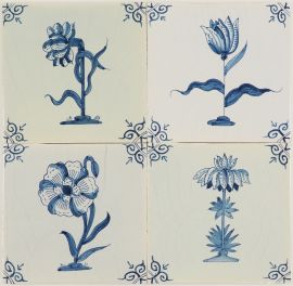 Hand-painted Delft tiles with flowers and ox-head corner motif in blue -  Poarte P-4 series - 4 tiles 