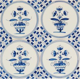 Hand-painted Delft tiles with flower pots, painted in blue and decorated with wanli corner motifs. Field of 4
