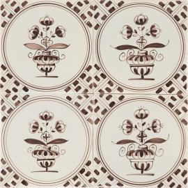 Hand-painted Delft tiles with flower pots, painted in blue and decorated with wanli corner motifs. Field of 4
