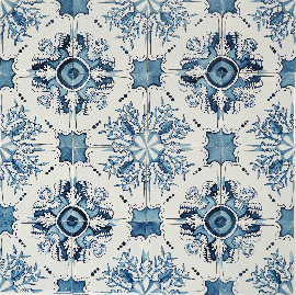 Hand-painted Delft tiles with ornemental pattern including flowers and angels, painted in blue