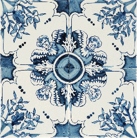 Hand-painted Delft tiles with ornemental pattern including flowers and angels, painted in blue