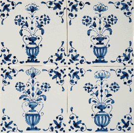 Hand-painted Delft tiles with flower pots in blue