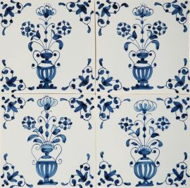 Hand-painted Delft tiles with decorative flower pots in blue