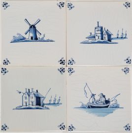 Hand-painted Delft tiles with small landscapes in blue - Poarte P6 series - 4 tiles