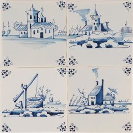 P-10 Hand-painted Delft tiles with landscapes, painted in blue, decorated with spider curl corner motif - Photo 4