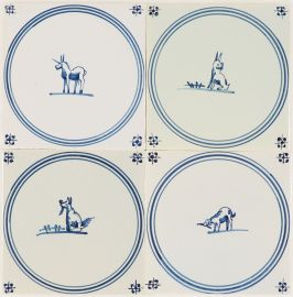 Hand-painted Delft tiles with animals in circle - P-17 series
