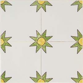Hand-painted Delft tiles with colored dots corner motifs in polychrome