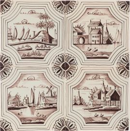 Hand-painted Delft tiles with landscapes in octagonal frame in manganese depicting villages, ships, windmills and more. 
