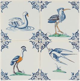 P-22 series | Hand-painted Delft tiles with polychrome birds after Adriaen Collaert - four