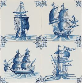 Hand-painted Delft blue tiles with Ships in blue