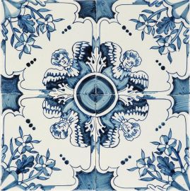 Hand-painted Delft tiles with ornemental pattern including flowers and angels, painted in blue
