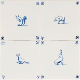Hand-painted Delft tiles with mix of wild animals - Field of 4