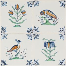 Hand-painted Delft tiles with birds and flowers - Field of 4
