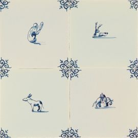 Hand-painted Delft tiles with animals in blue - Field 1-16