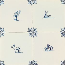 Hand-painted Delft tiles with animals in blue - Field 1-16