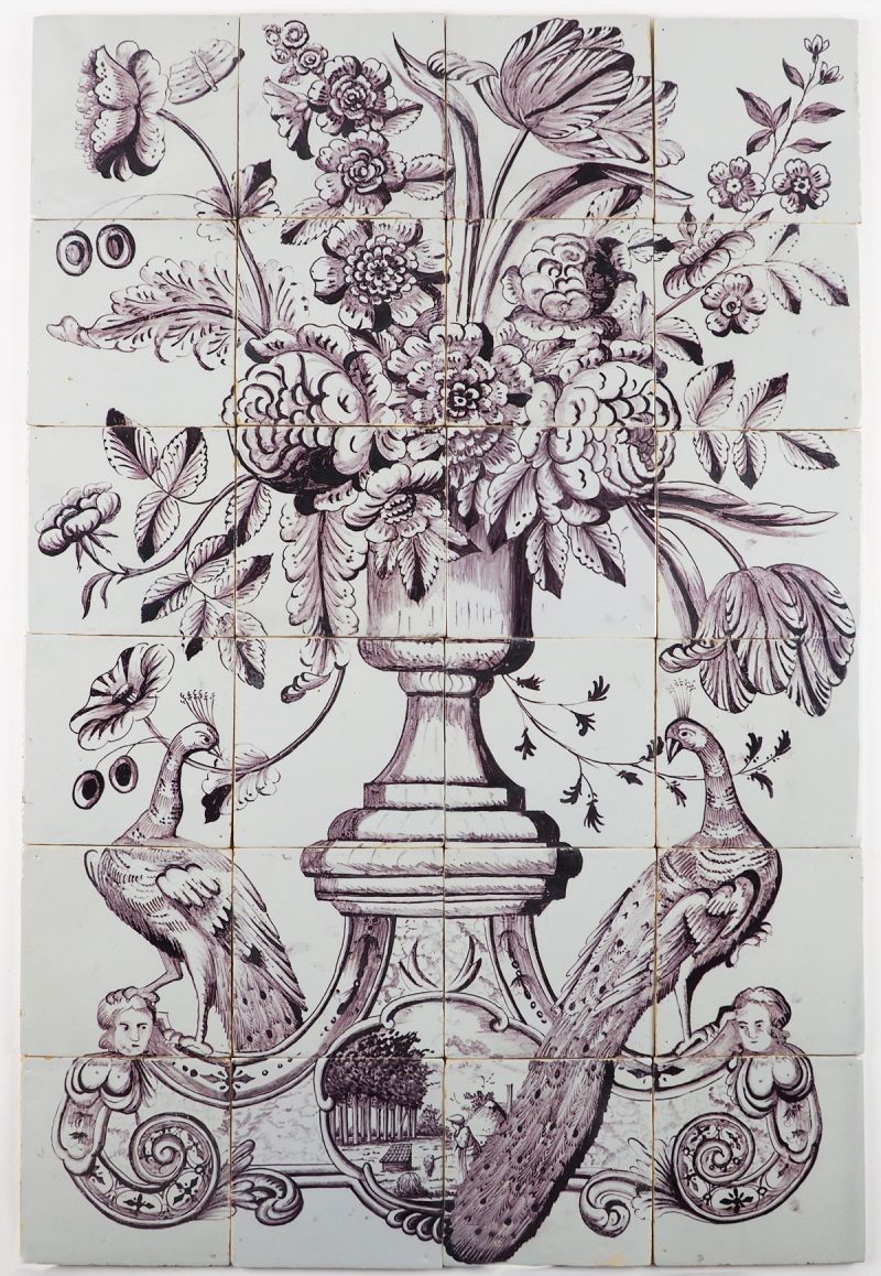 Antique Delft tile mural in blue with a richly decorated flower vase and  two dogs at guard on the sides, 18th century